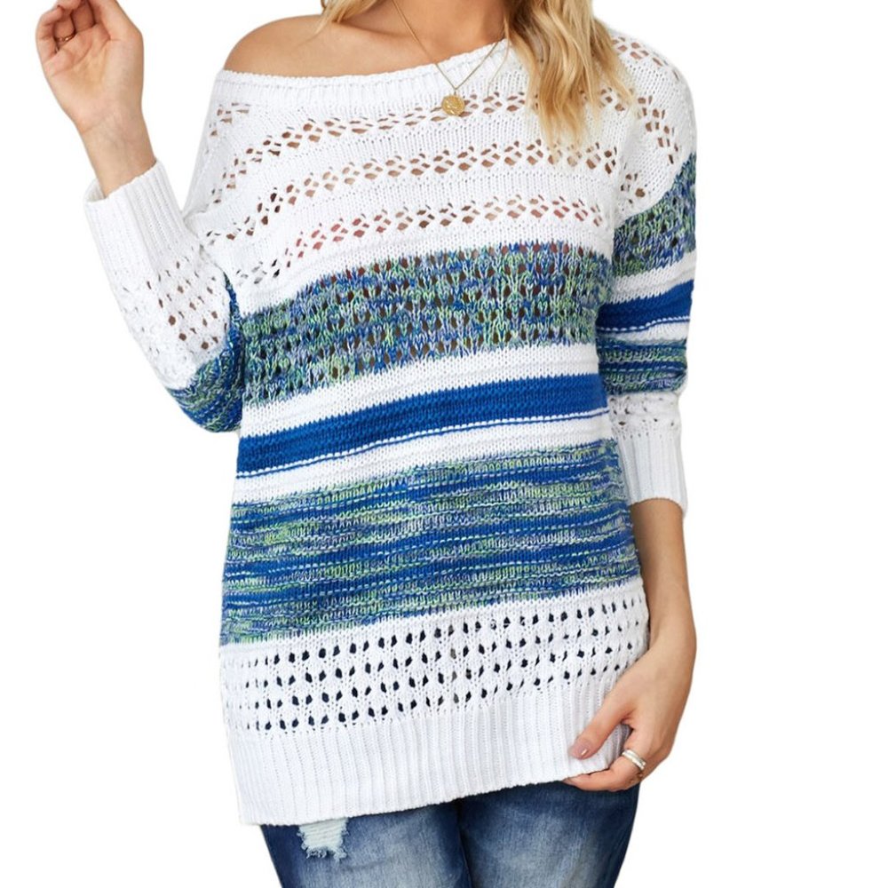 Blue Loose Openwork Round Neck Sweater - Picture 4 of 6